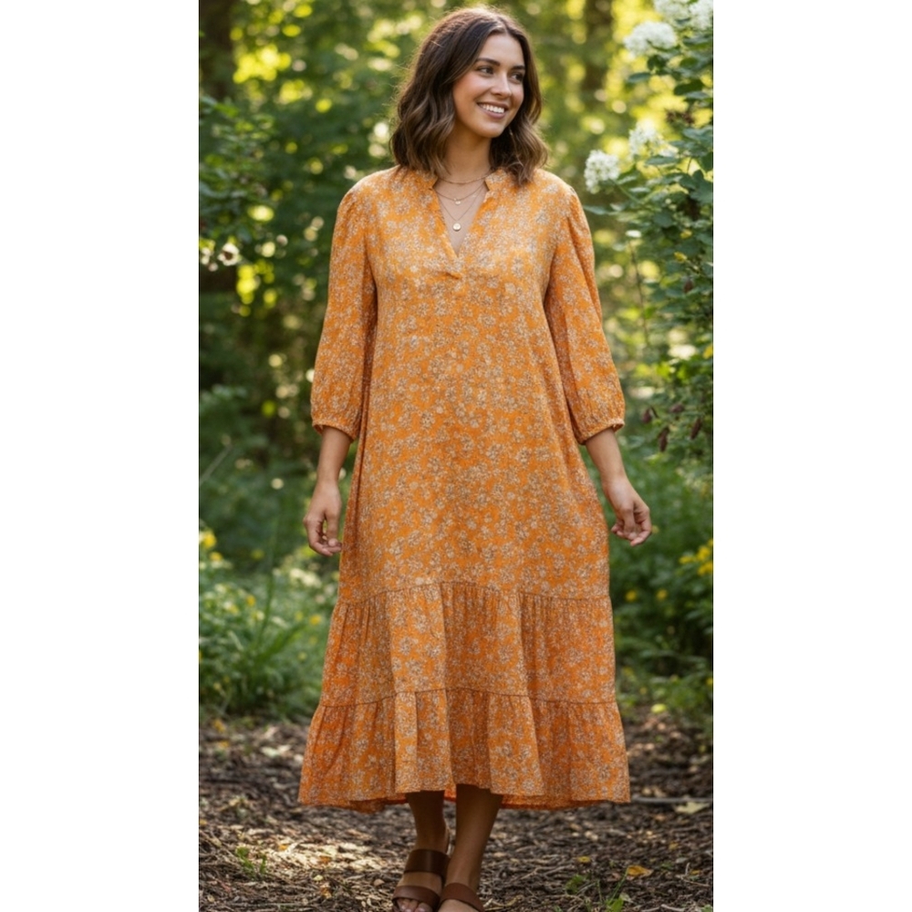 Loft Outlet Split neck Ruffle hem Floral 3/4 sleeve dress Orange Size MP